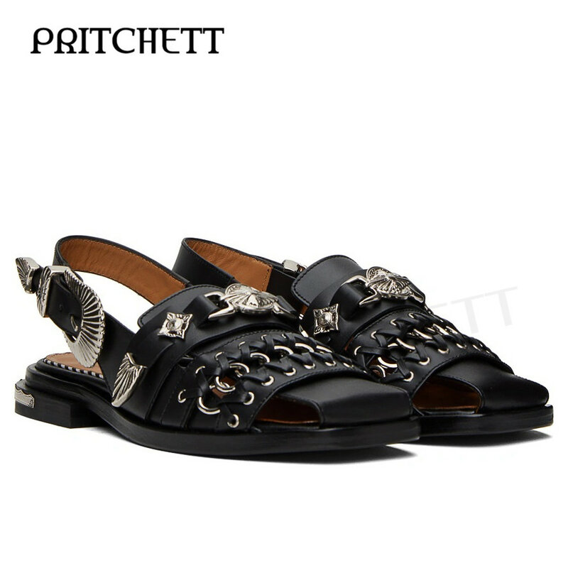 Retro Hard Gold Rivet Sandals Hollow Woven Rope Square -Headed Sandals Large Size Empty Casual Personality Summer Men's Shoes