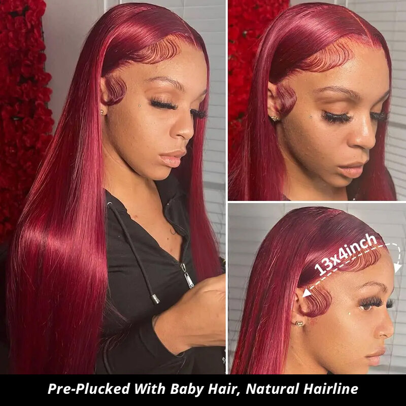 Peluca de cabello humano liso para mujer, postizo de encaje Frontal, 99J Color borgoña, 13x6, Color rojo, brasileño