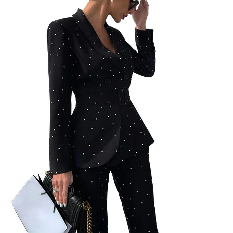 Черный осенне-зимний стиль, элегантный женский офисный костюм в горошек с длинными рукавами, новый костюм из двух предметов, брючные костюмы для женщин
