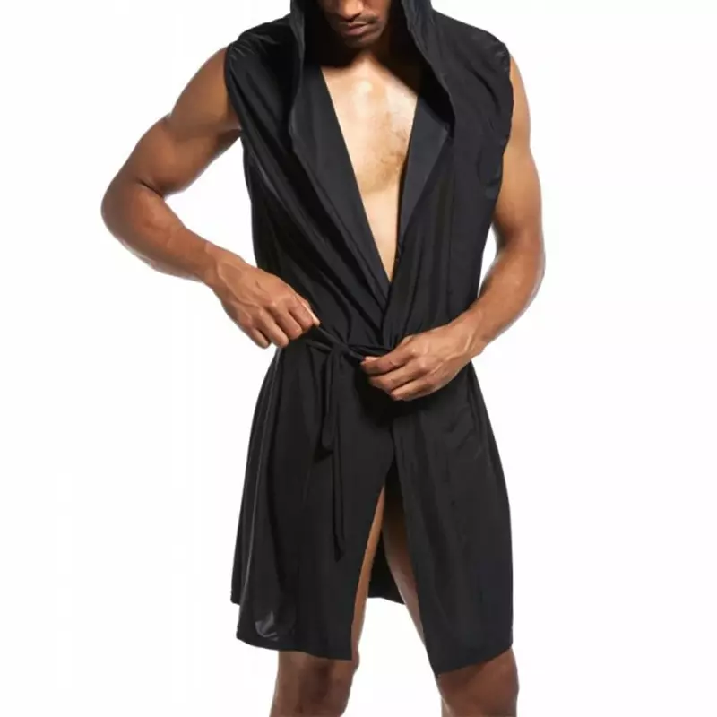 Albornoz sin mangas de seda suave para hombre, pijama con capucha, cómodo, ultrafino, lencería, ropa interior suelta