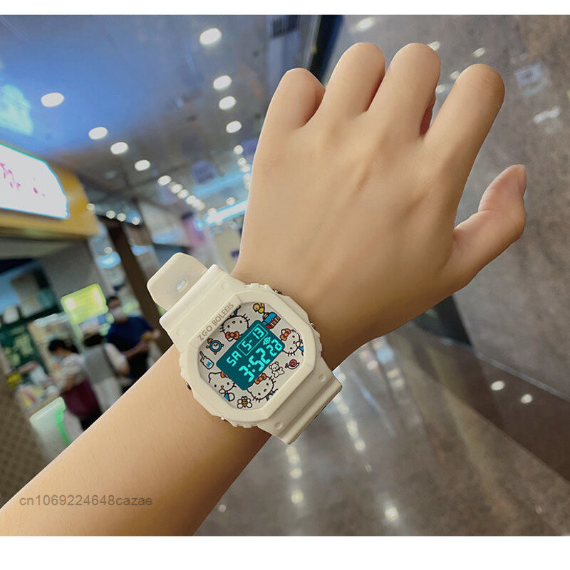 Sanrio Hello Kitty śliczne świecące elektroniczny zegarek dziewczyny Kawaii Chic para kwadratowe wodoodporne sportowe zegarek studencki Y2K moda