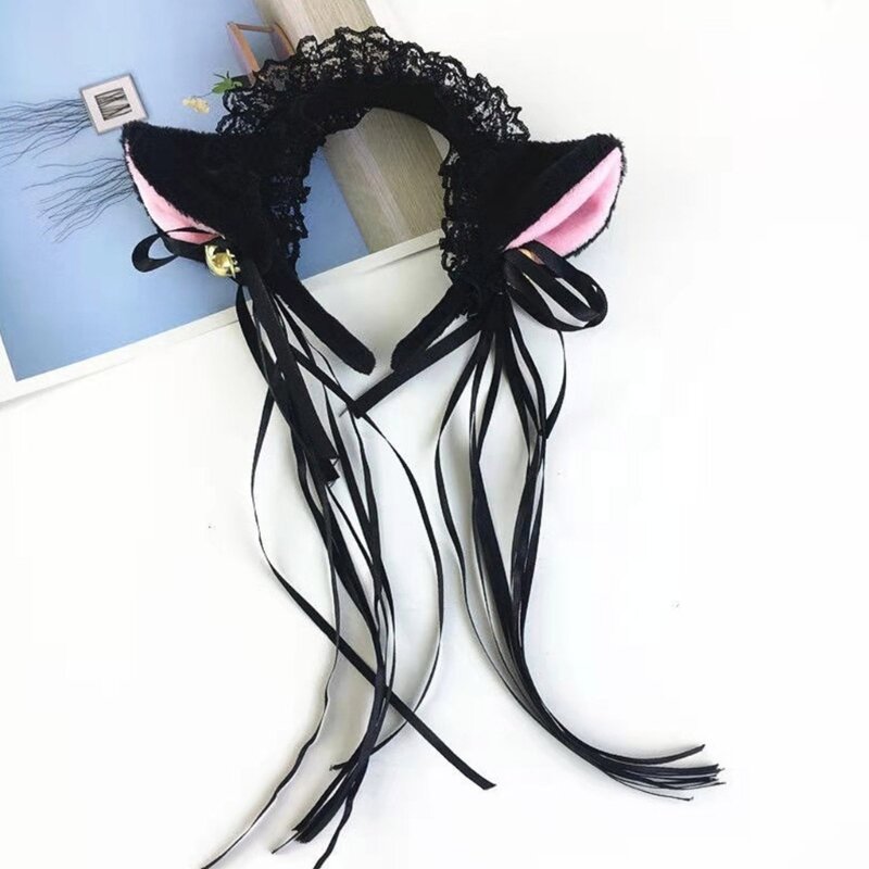 Diadema y gargantilla con forma oreja gatito/puños encaje/tocado cosplay dibujos animados cola