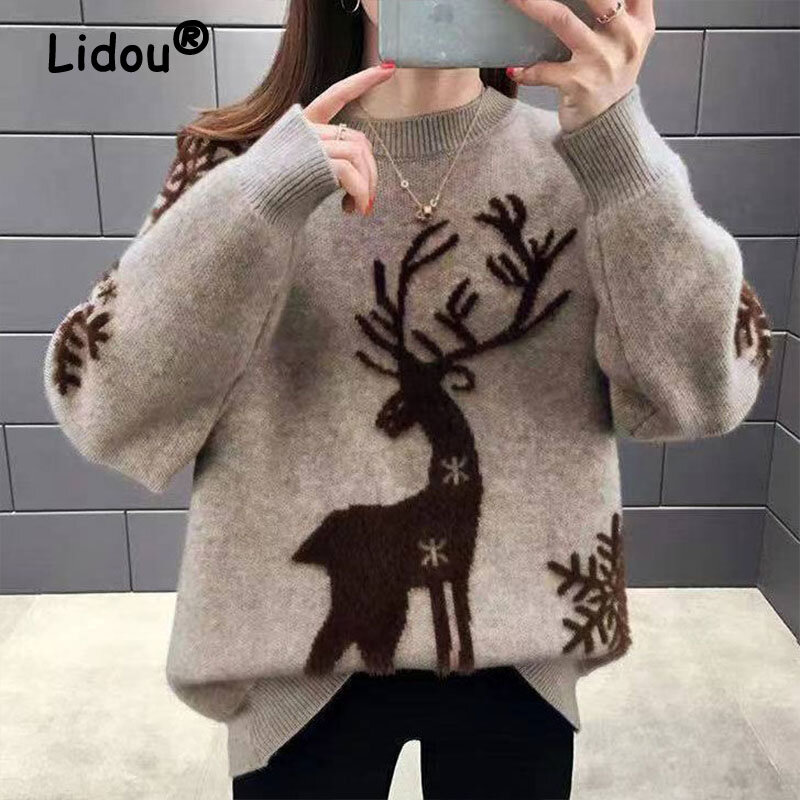Осень-зима 2022, вязаные пуловеры с круглым вырезом и рождественским принтом животных для женщин, элегантный модный свитер со стразами в Корейском стиле