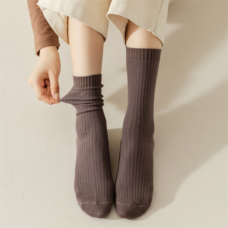 Calcetines largos de algodón para mujer, medias deportivas de Color sólido, estilo coreano, para otoño, 5 pares por lote
