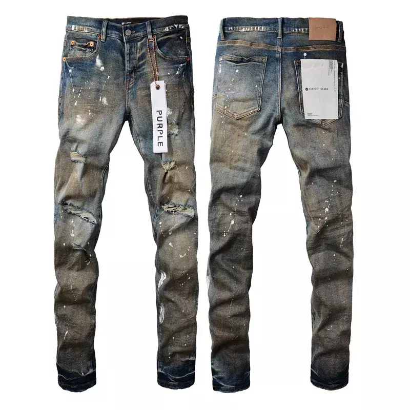 Pantalones Vaqueros pitillo de tiro bajo, jeans de marca púrpura de alta calidad con pintura desgastada y agujeros desgastados, reparación de moda