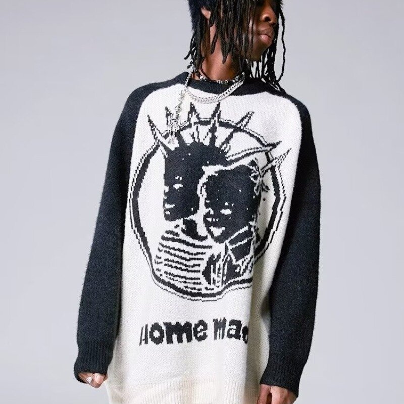 American Casual Street Abstract Knitting Sweater Y2k Goth Europe America Trend Couple Loose Crewneck Men Women Pullover Sweater