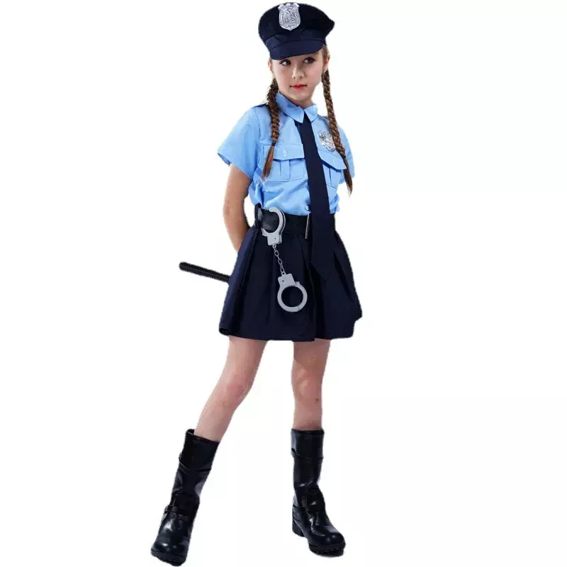 Fantasia de polícia para meninas, cosplay infantil, uniformes slim fit, uniformes pops, halloween