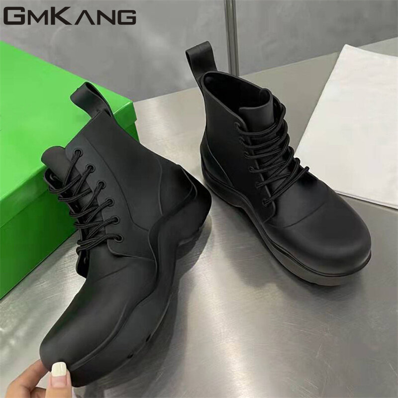 New Thick Sole Rain Boots Woman Height Increasing Short Boots Flat Platform Shoes Lace Up Rubber Waterproof Rain Shoes Women