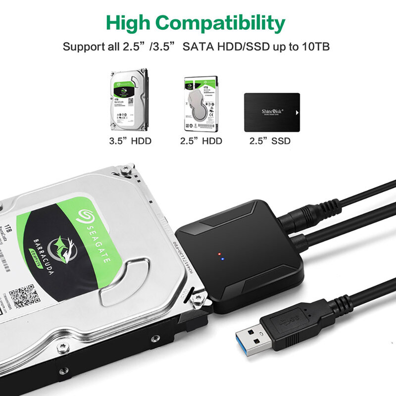 USB 3.0 SATA 케이블 SATA III 하드 드라이브 어댑터 변환기, 2.5 "3.5" SSD HDD 하드 드라이브 디스크용, 12V, 2A 전원 어댑터 포함