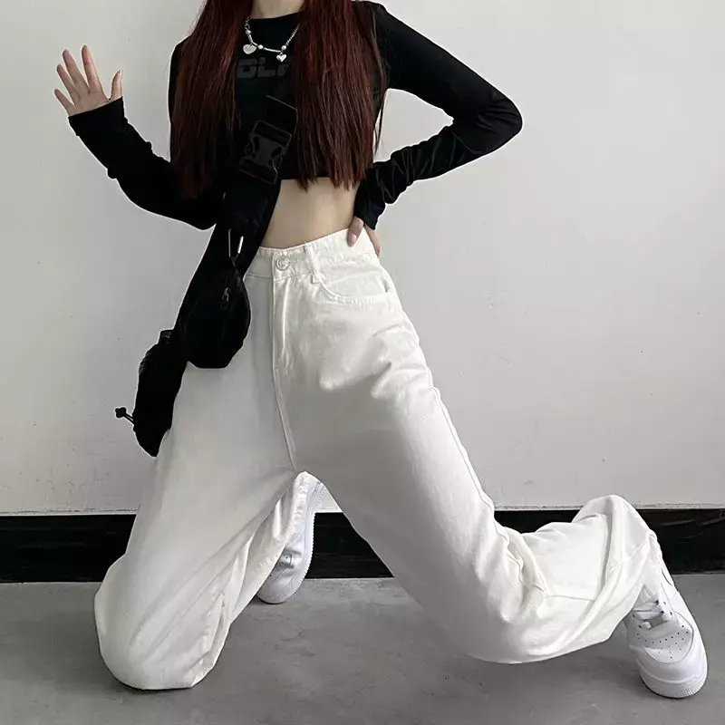 Jednolite jeansy kobiety minimalistyczne nowe wiosenne Basic Vintage Ulzzang prane modne koreańskie ubrania luźna odzież uliczna Y2k College Casual