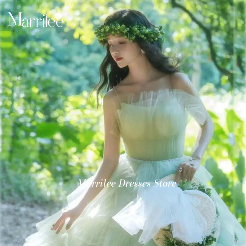 Elegant Green Ball Gown Wedding Dress Fairy Strapless Sleeveless Bridal Gown Spaghetti Straps Princess Ruffles Long Tiered Dress