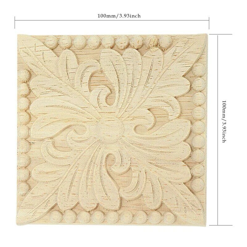 2X Natural Wood Appliques Square Flower Carving Decals Decorative Wooden Mouldings 10X10cm