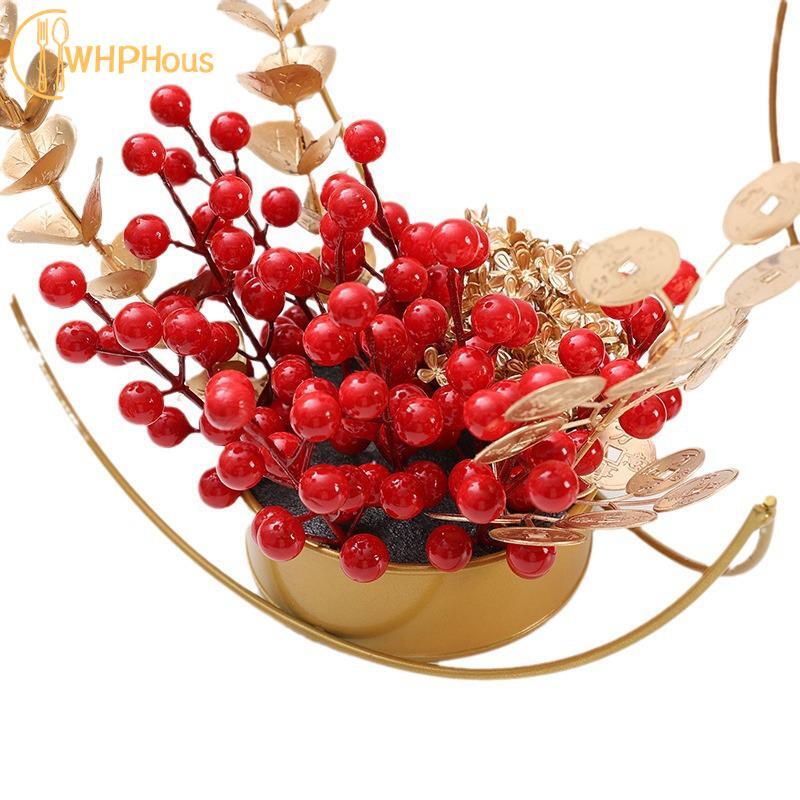 Set di frutta ricca di capodanno Festival di primavera cinese posizionato Golden Fan Leaf Red Fruit capodanno Night Flower Fu Bucket