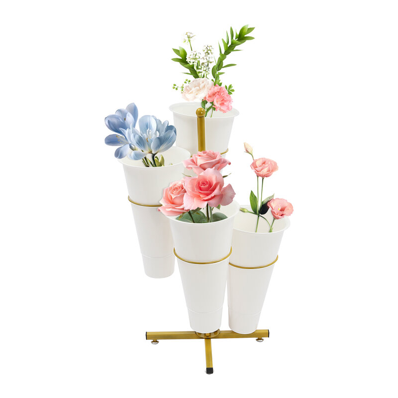 Espositore per fiori-supporto per piante in metallo a 4 secchi, espositore per fiori per esposizione di fioristi per decorazioni per la casa