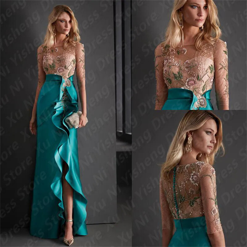 Koendye Meerjungfrau formelle Abendkleider O-Ausschnitt Applikationen Blume Illusion halbe Ärmel Seite geteilt Frauen Cocktail party langes Kleid