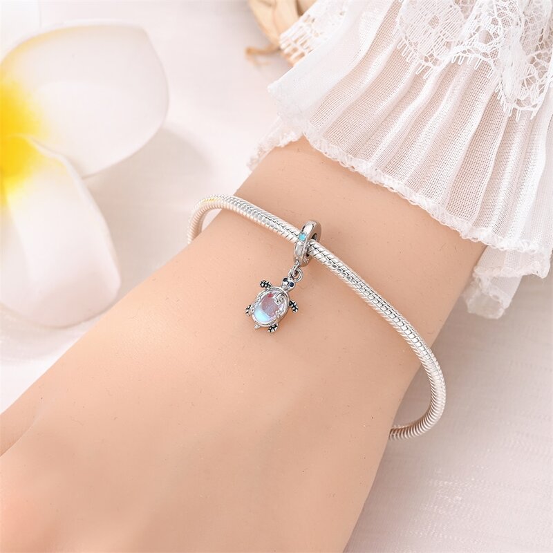 Beautiful 925 Sterling Silver Illusion Glass Blue Sea Turtle Charm Fit Pandora Bracelet Women's Beach Party Jewelry Accessories