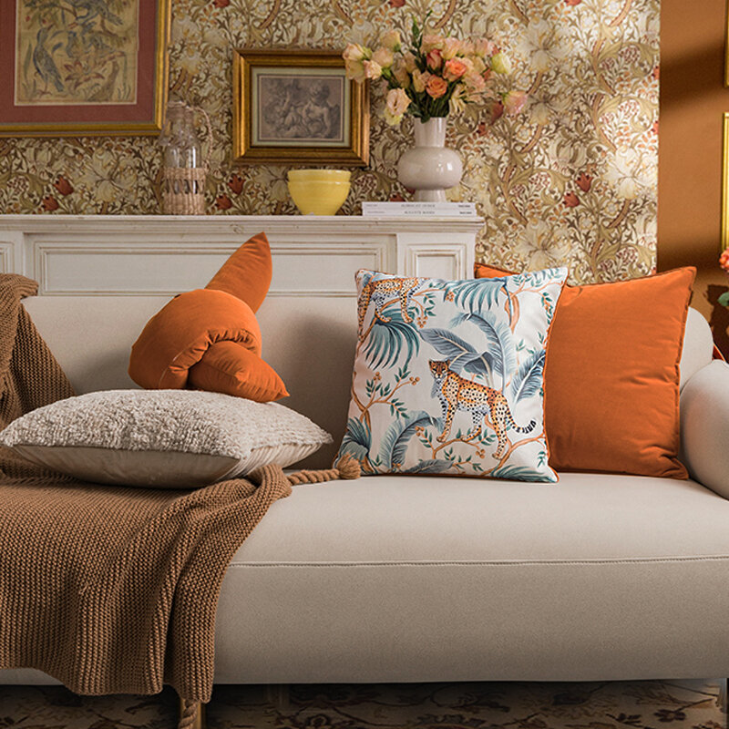 Aksamitna poszewka na poduszkę pokrywa miękkie poduszki 45x45cm z nadrukiem lamparta spalony pomarańczowy węzeł dekoracyjny do salonu Sofa sypialnia