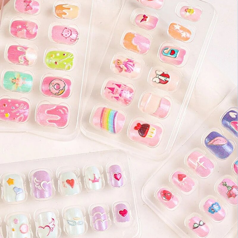 Unhas falsas de capa completa para crianças, unhas acrílicas curtas, animais dos desenhos animados, brilho, colorido, crianças, meninas, Y2K, pressione, 12pcs