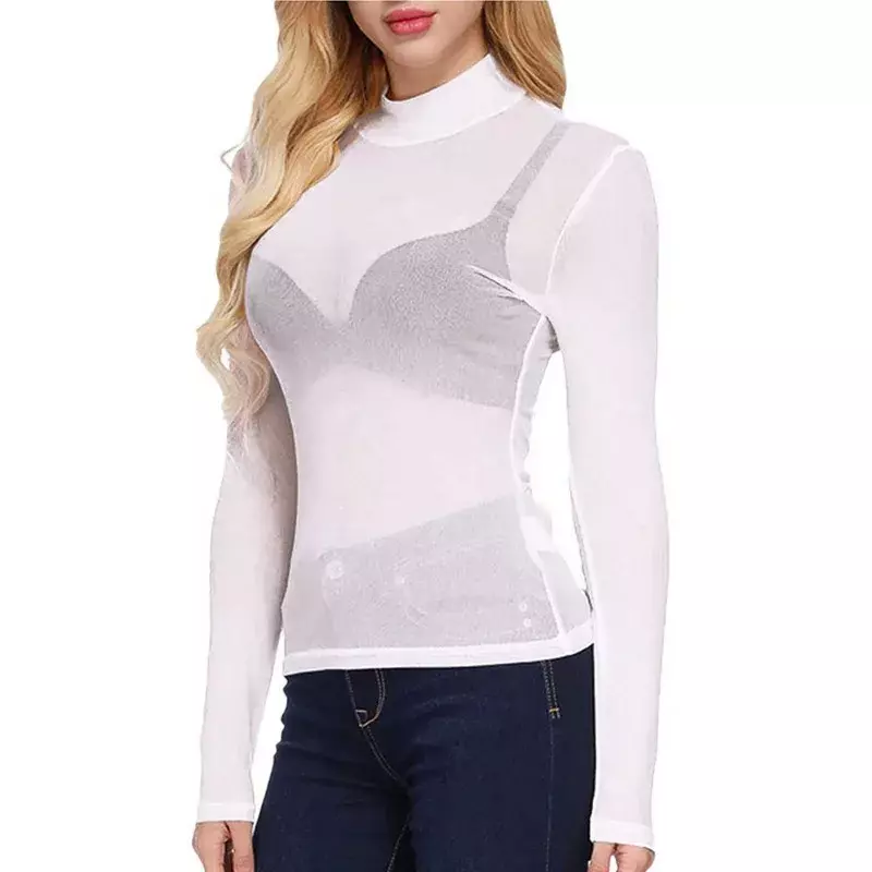 2024 Women's Sexy Long Sleeved Mesh Lace High Neck Perspective Top Perspective Women's Underlay Four Seasons New Style YDL20