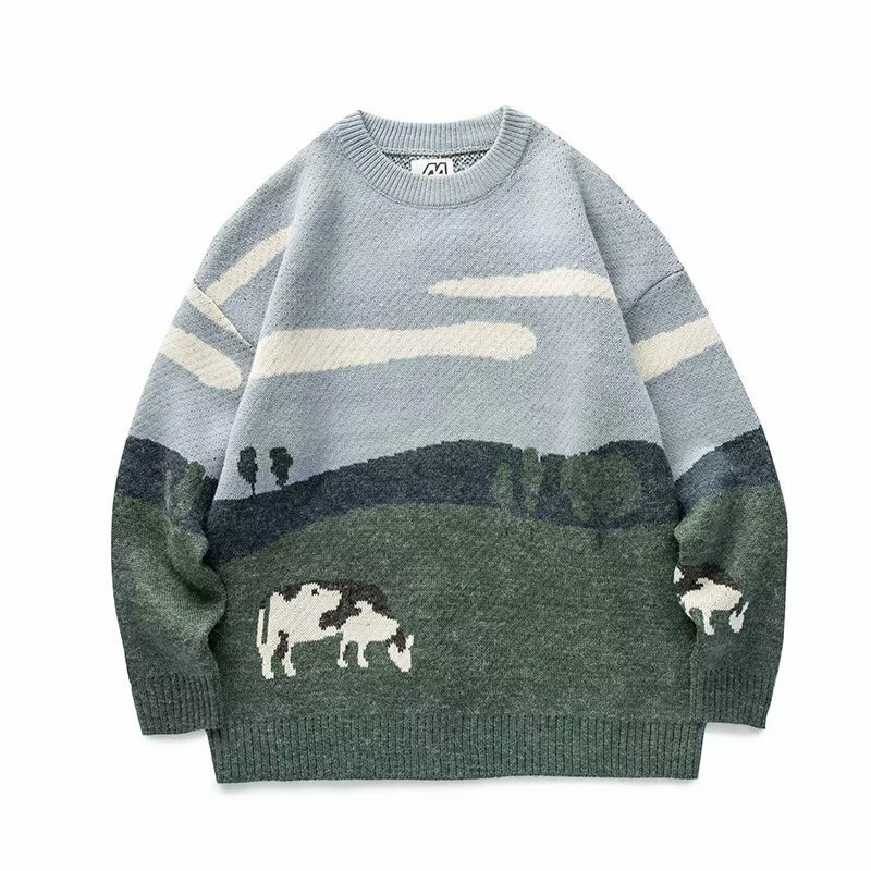 Cows Pattern Sweaters Pullover Men Women Knitted Sweater Hip Hop Harajuku Vintage Winter Sweater Casual Knitwear Tops