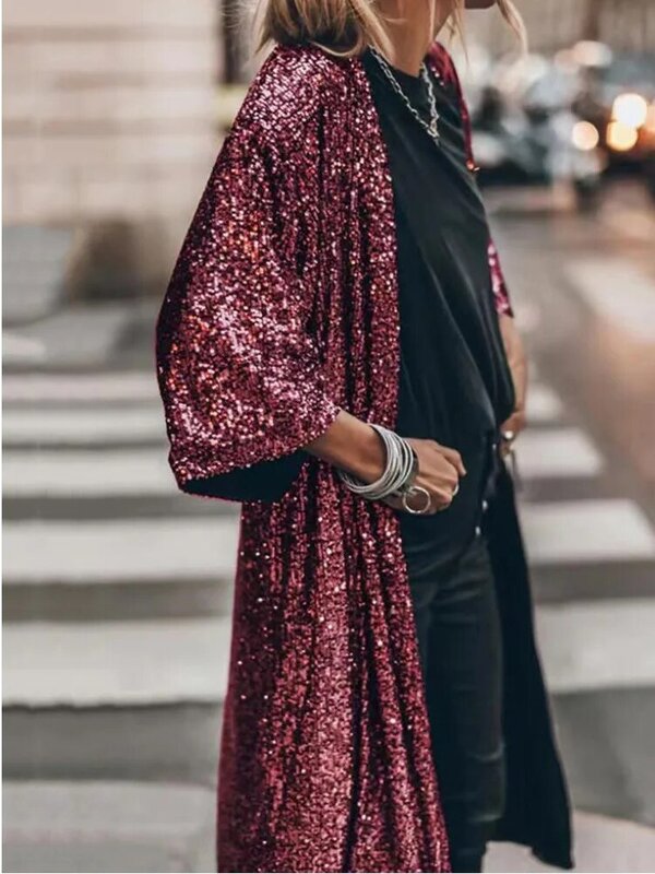 Loose Outerwear Soft Women Shiny Sequins Mid-length Cape Jacket Solid Color Skin-touch Gown Cape Streetwear