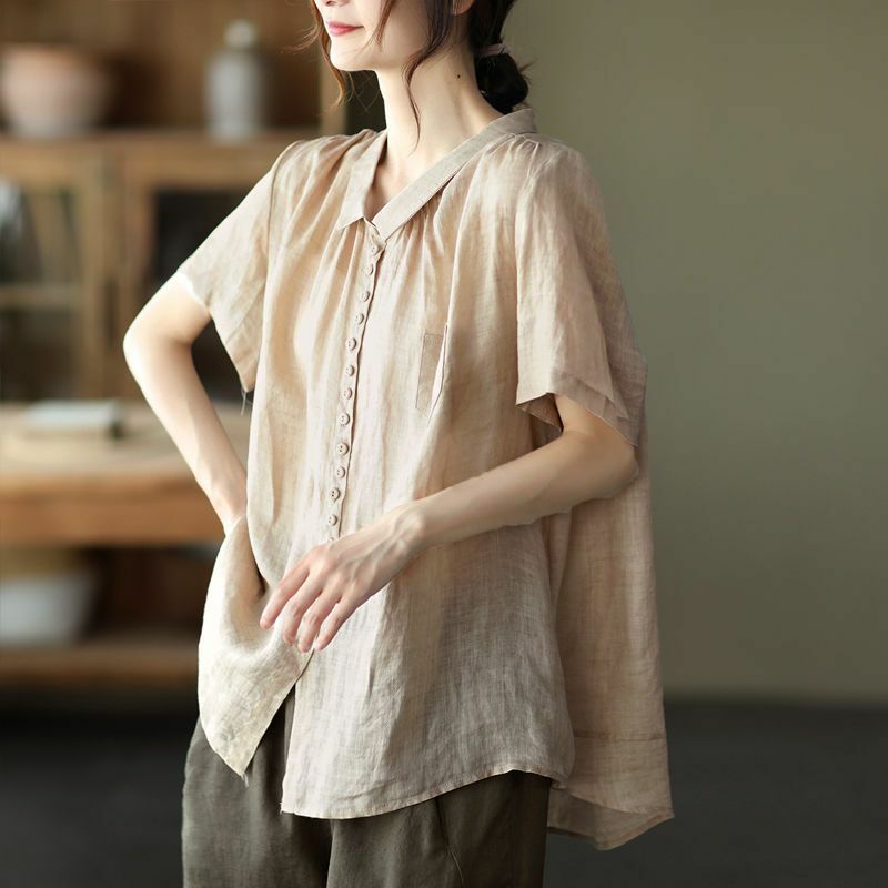 Fashion Lapel Button Pockets Solid Color Casual Shirts Women's Clothing 2024 Summer Loose Korean Tops Short Sleeve Blouses