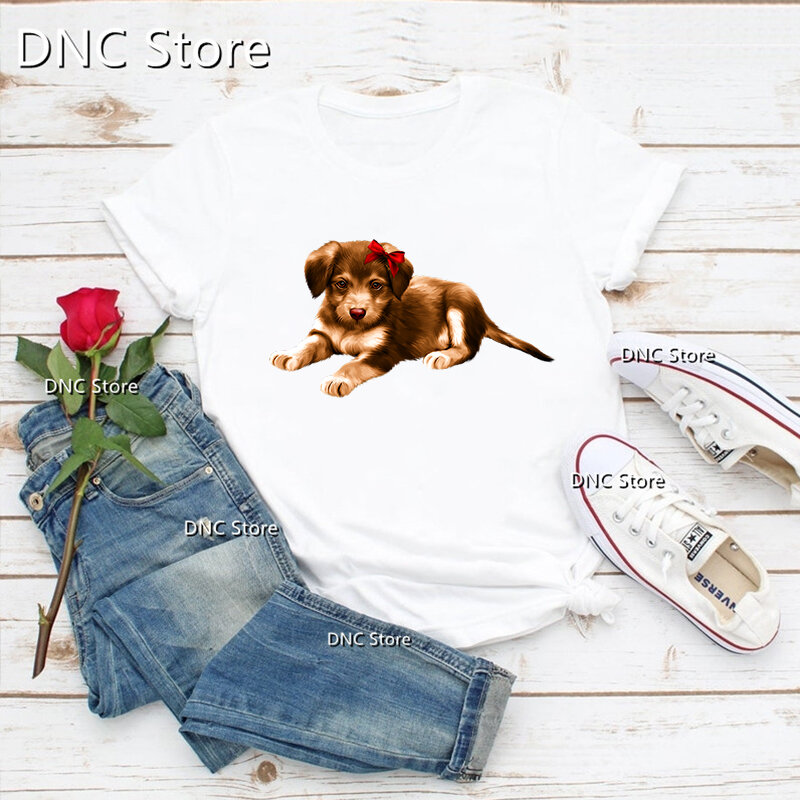 2024 New Style Fashion Womens T-Shirts Cute Poodle, Elephant, Giraffe, Lion Animal Print T-Shirts Femme Womens white Tops