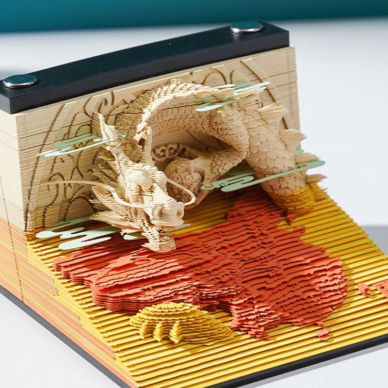 3Dドラゴンメモ紙粘着パッドブロックノート、3Dアートメモ帳、週次カレンダー、モデルギフト、彫刻、v6a0、2024