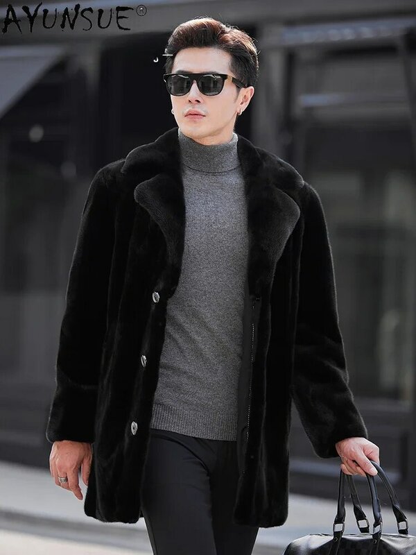 AYUNSUE cappotto di pelliccia naturale di fascia alta giacche di visone per uomo 2023 inverno di media lunghezza vera pelliccia di visone giacca collo del vestito Casual Streetwear