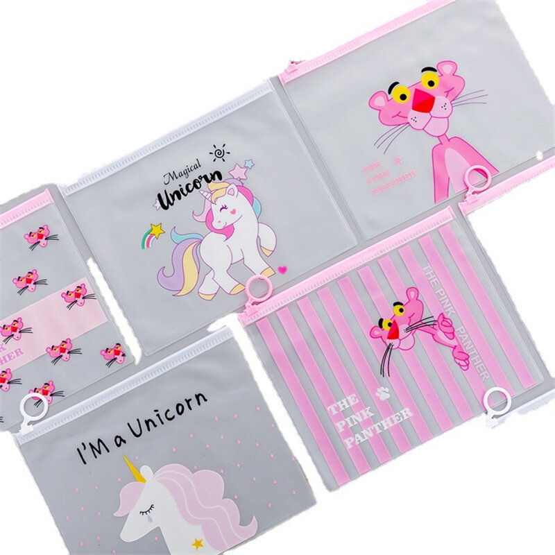 Bolsa de documentos de PVC transparente, carpeta de archivos, organizador de papelería, suministros de regalo, unicornio de dibujos animados Kawaii, leopardo rosa