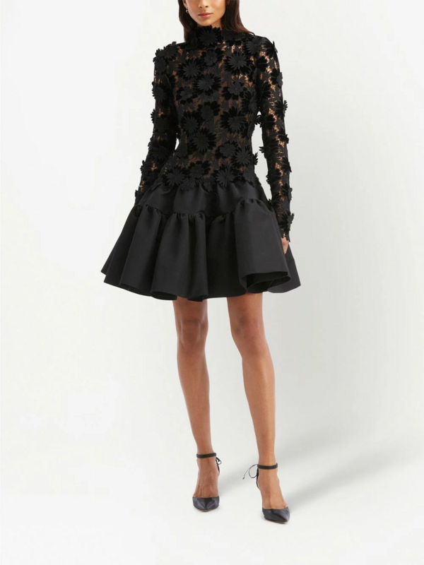 Robe de soirée noire en dentelle 3D, col haut, manches longues, motif floral, ligne A, dos nu, robes de cocktail