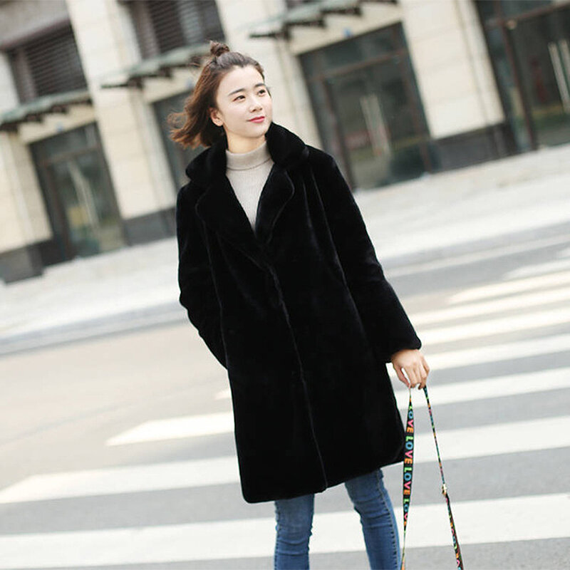 2023 Winter Women Mink Faux Fur Coat Solid Female Turn Down Collar Winter Warm Fake Fur Elegant Lady Coat Casual Jacket Overcoat