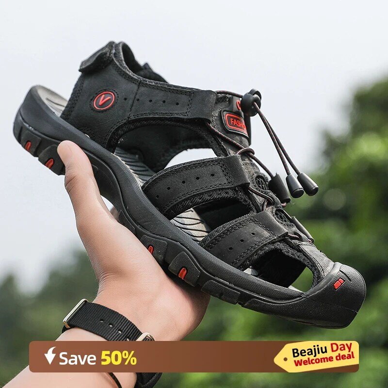 Letnie męskie sandały z prawdziwej skóry męskie obuwie codzienne męskie skórzane sandały na zewnątrz dla męskie buty plażowe rzymskich butów Plus rozmiar 38-48
