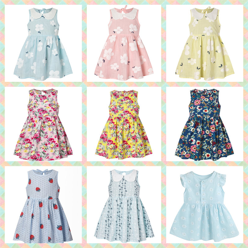 小さな女の子のためのサマードレス,プリンセスドレス,ノースリーブ,コットンプリント,カジュアル,ソフト,新しいコレクション2022