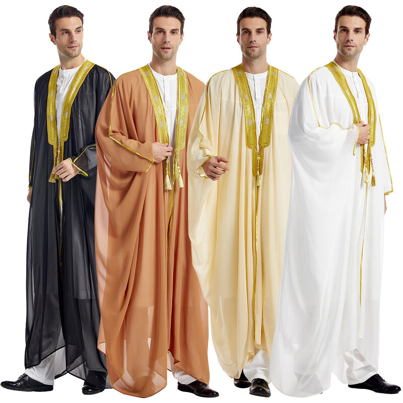Arab Thawb Caftan for Men, Embroidered Long Sleeve, Pendant, Chiffon with Gold Beads, Muslim, Men Thobe
