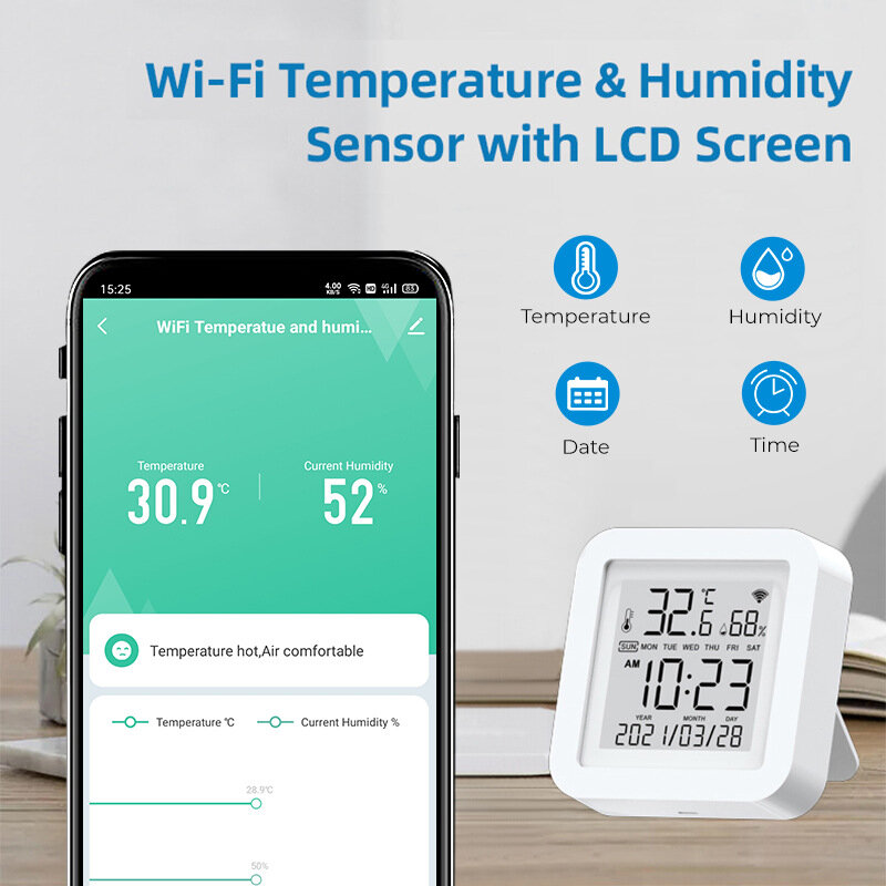 Lonsonho Tuya Smart WiFi Temperature Humidity Sensor USB Charge Smartlife Home Automation Control Alexa Google Assistant