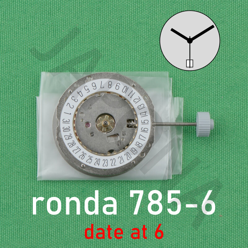 Ronda-Swiss Movimento Quartz com Data Reparação Acessórios, normtech, 3 mãos, 785-6