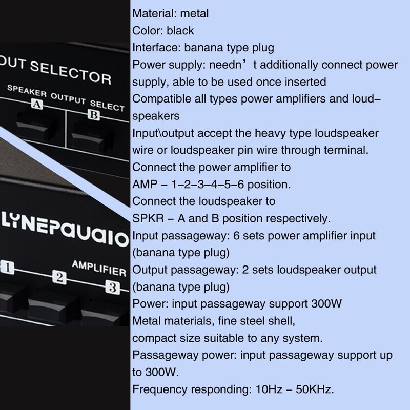 Conmutador amplificador de potencia 6 en 2, dispositivo de distribución, interruptor de altavoz, dispositivo de comparación, 300W sin consumo