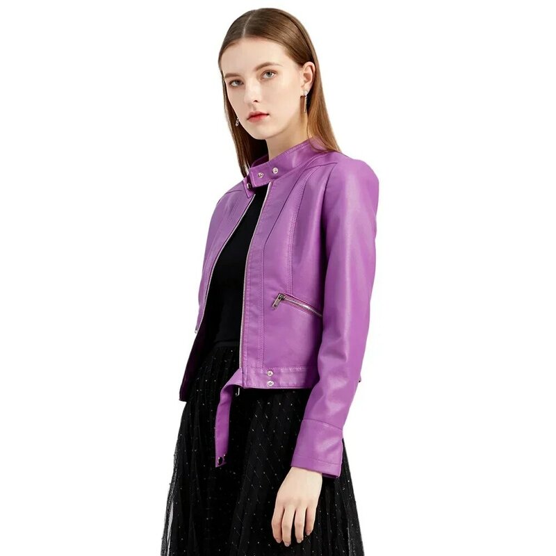 Куртка женская короткая из искусственной кожи, милая укороченная облегающая верхняя одежда в стиле оверсайз, на молнии, фиолетового цвета, размеры Xxxl, весна-осень