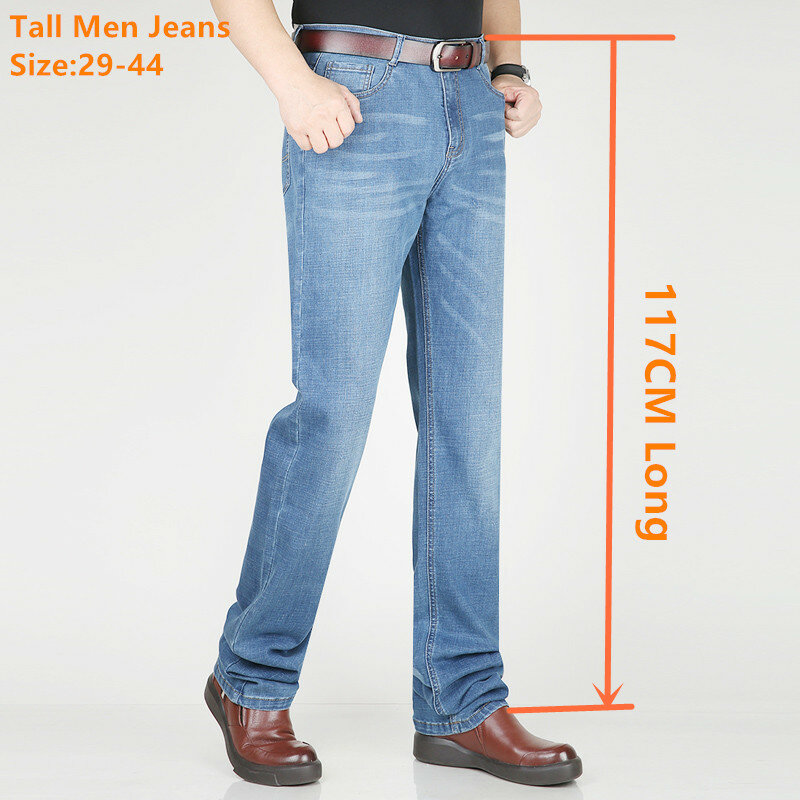 Długie letnie dżinsy wysokie spodnie Plus rozmiar 44 42 40 proste niebieskie superdługie spodnie jeansowe 117CM bardzo długi cienkie dopasowane obcisłe spodnie