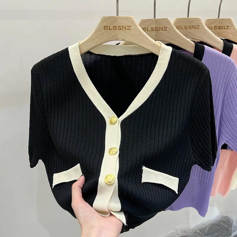Fashion V-Neck Button Korean Knitted Short Sleeve Shirts Women's Clothing 2024 Summer New Loose Casual Tops Office Lady Blouses