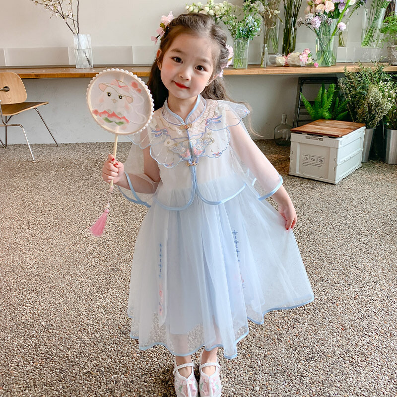 Gaun anak Perempuan Musim Panas 2024 baru Hanfu putri bayi modis anak-anak gaya Cina rok jala Cheongsam kostum performa