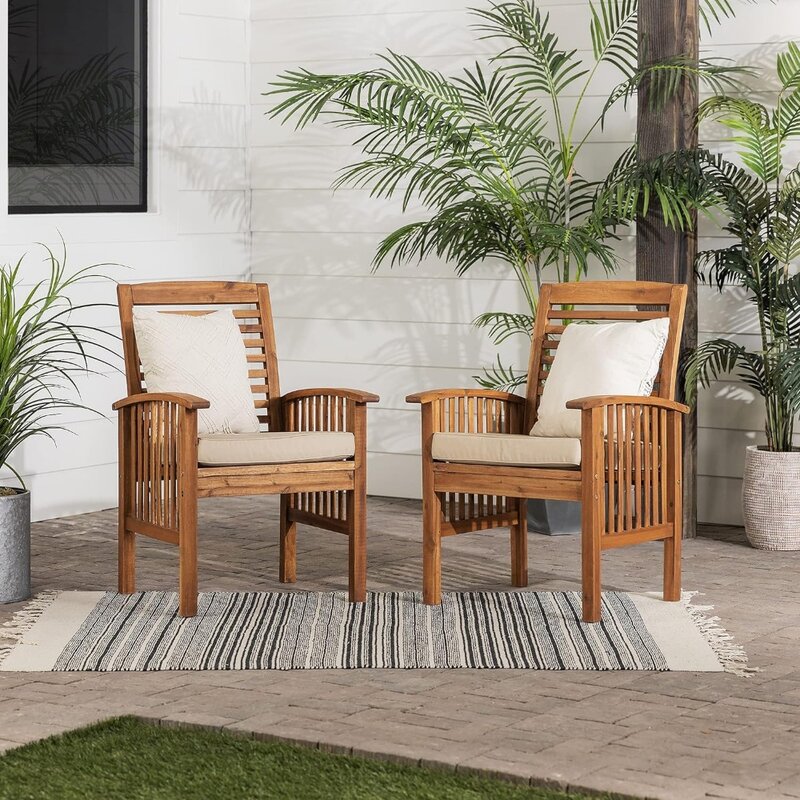 Rendezvous Modern 2 Piece Solid Acacia Wood Slat Back Outdoor Dining Chairs, Set of 2, Brown
