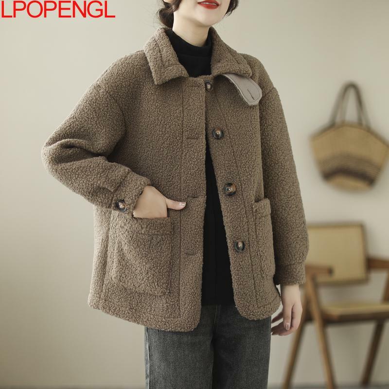 Женская однотонная куртка из овечьей шерсти, однобортная плотная куртка с длинным рукавом и широкой талией, 2023