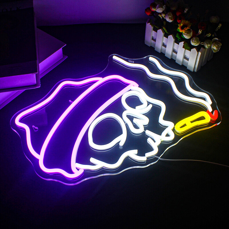 Tengkorak merokok, tanda Neon kreatif kerangka lampu LED ruang dekorasi dinding USB seni lampu dinding untuk Festival Halloween pesta kamar tidur Logo