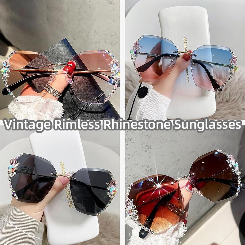 Luxe Merk Design Vintage Randloze Strass Zonnebril Vrouwen Mannen Mode Gradiënt Lens Zonnebril Zonnebril Voor Dames