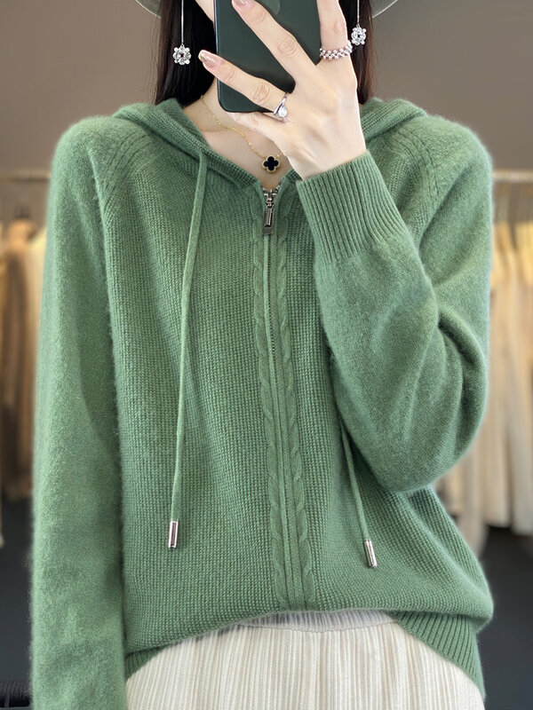 Women Hoodies Cardigan 100% Merino Wool Sweater Autumn Winter Casual Zipper Long Sleeves Solid Cashmere Knitwear Korean Fashion