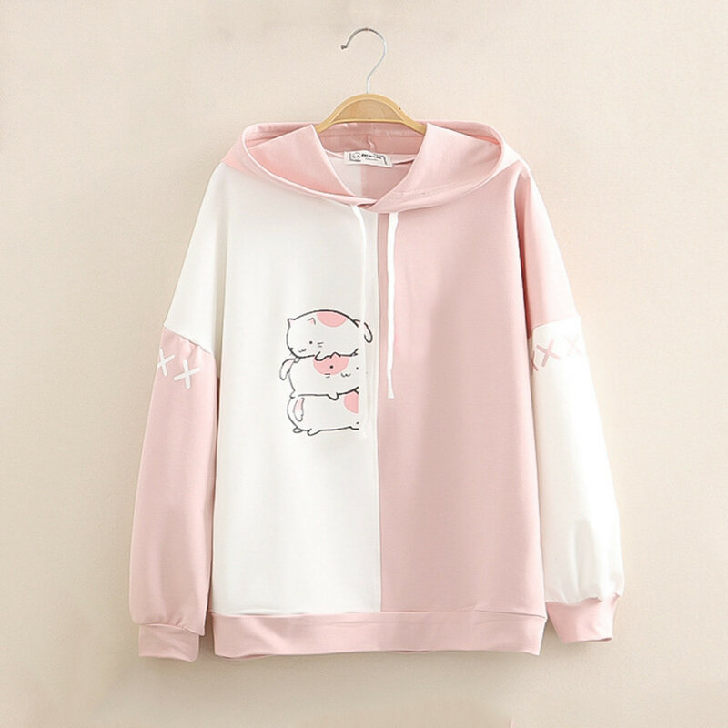 Women Kawaii Sweatshirt Cat Print Long Sleeve Tops Color Block Pullover Japanese Style Cute Hoodies Autumn Women'S Clothing