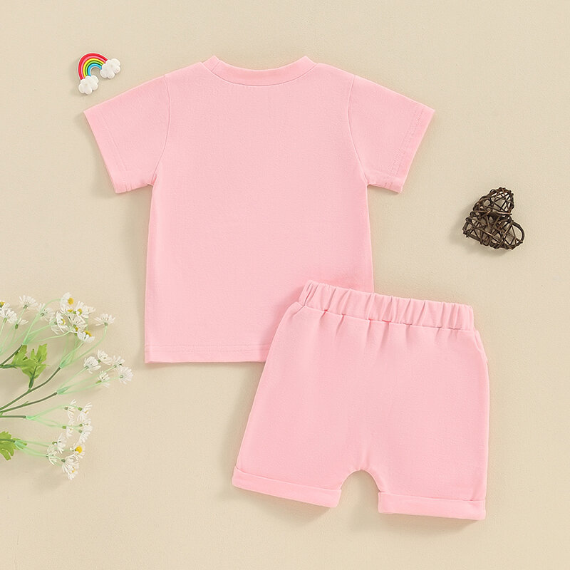 Conjunto de ropa de verano para niñas pequeñas, camisetas de manga corta con cuello redondo y estampado de letras, Tops y pantalones cortos, 2 piezas