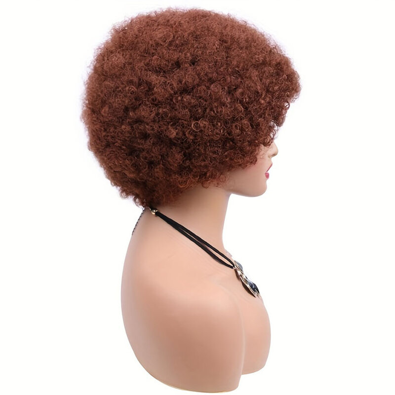 Peruca afro encaracolada para mulheres, cabelo humano curto, puffs perversos, pronto para vestir, vinho preto da Borgonha, feito na máquina completa